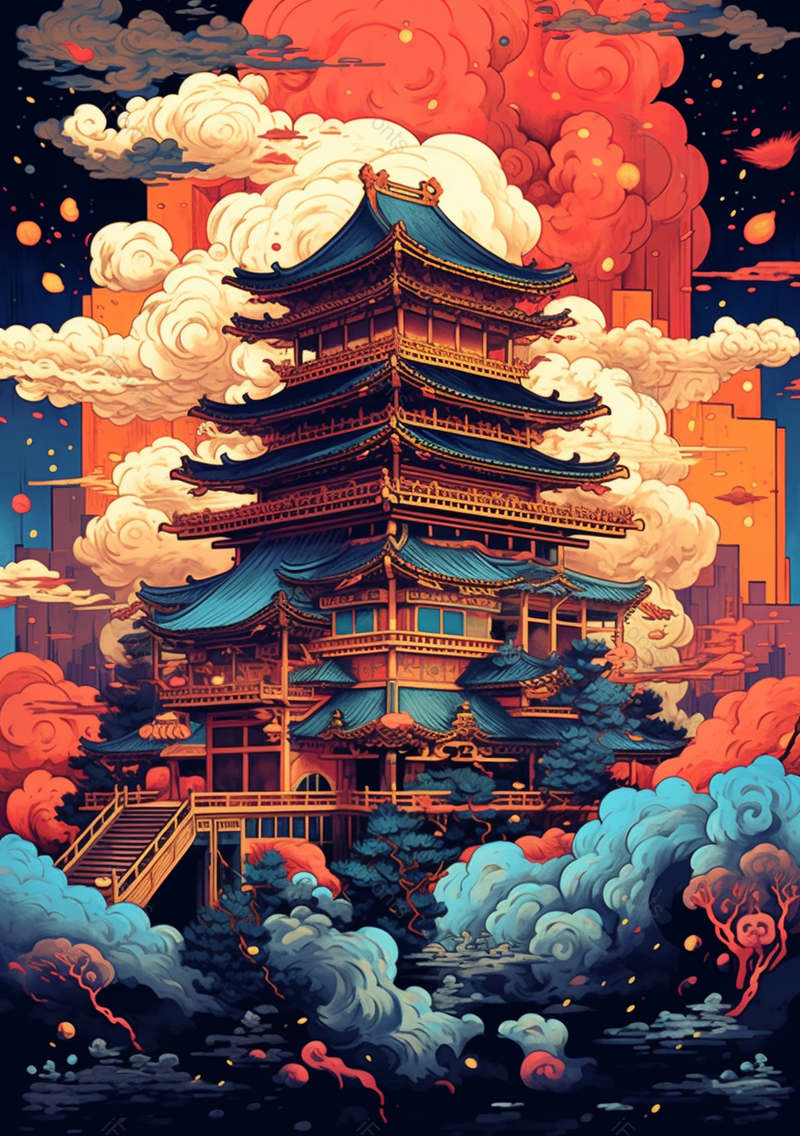 国风古建筑名胜古迹古典楼阁岳阳楼祥云,插画/手绘图,插画/手绘图库,插画/手绘图下载,插画/手绘